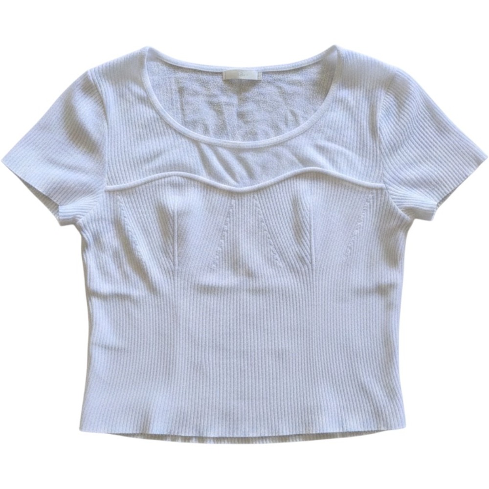 White Ribbed Mixed Media Knit Top Sheer Mesh Yoke Corset Stitching Short Sleeve
